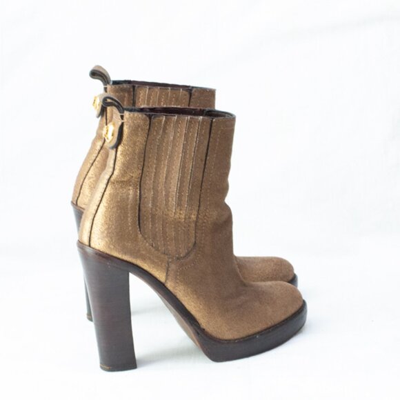 Tory Burch Gold Bronze Chelsea Ankle Boots Logo Monogram Block Platform Heel 5 - Picture 3 of 10
